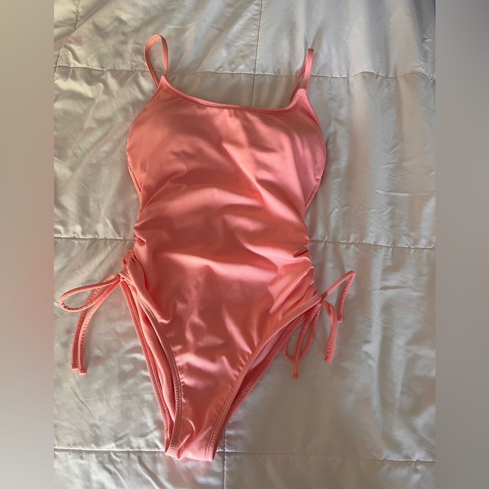Shade & Shore Brand One Piece Swim Bathing Suit Peach Gathered Tie Sides XS 0-2